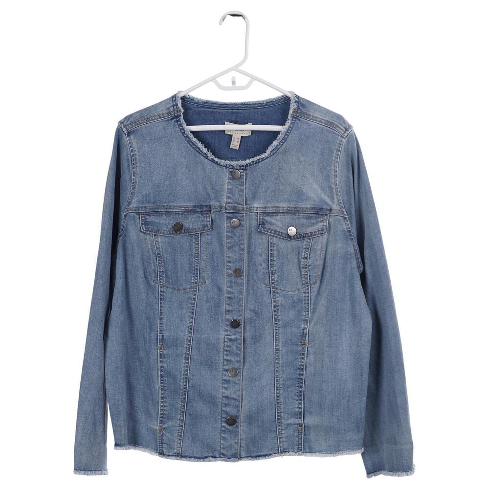 LOGO by Lori Goldstein Lea Denim Jacket 20W Blue Frayed Hem Snap Button Stretch